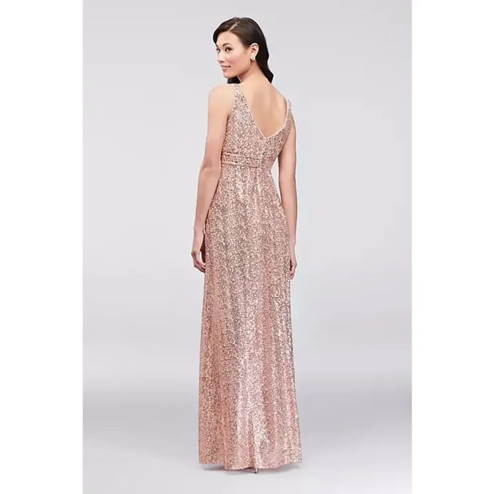 David's Bridal sequin v-neck bridesmaid dress with satin piping gold size 8